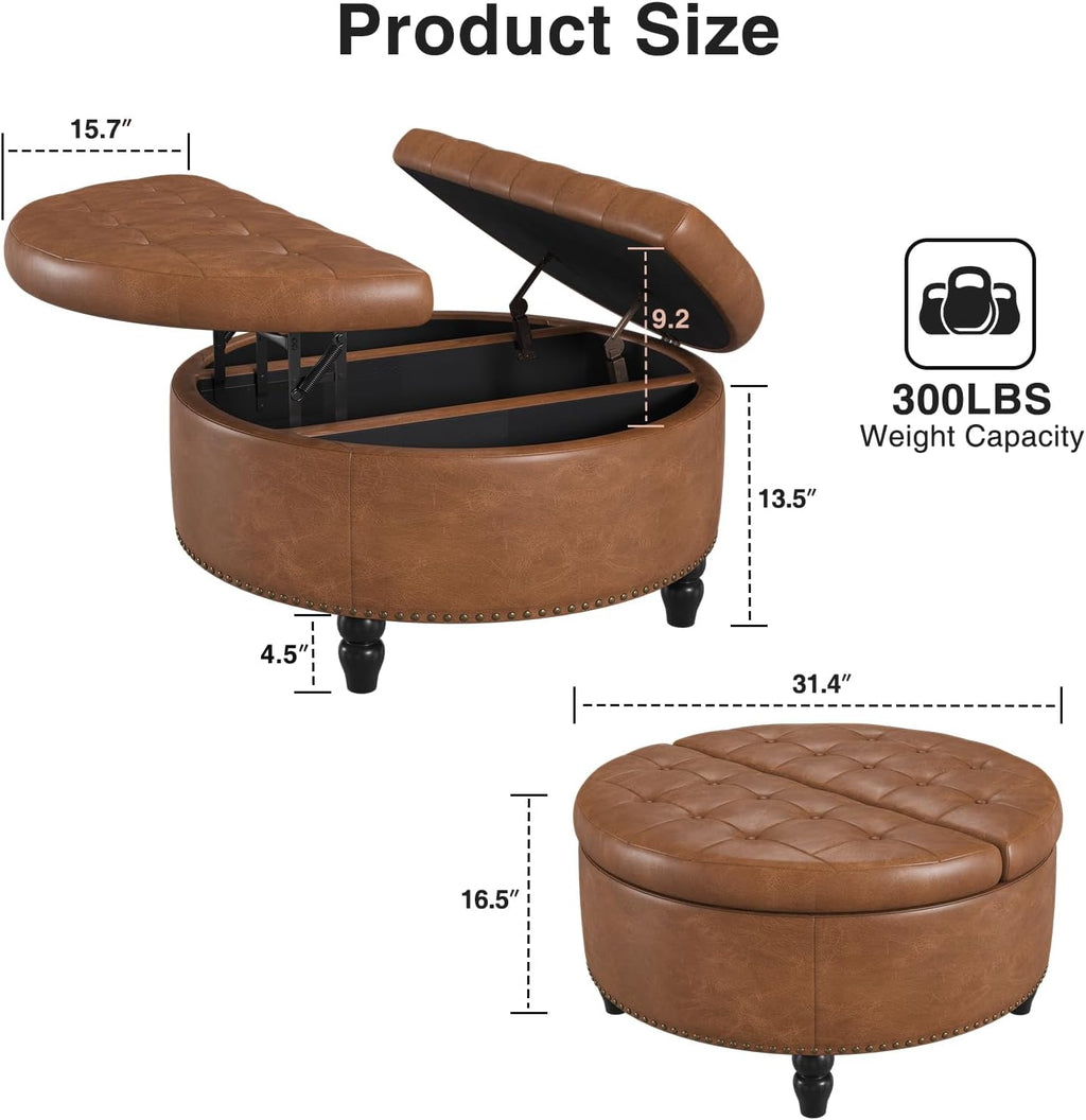 Large Round Fabric Storage Ottoman Coffee Table
