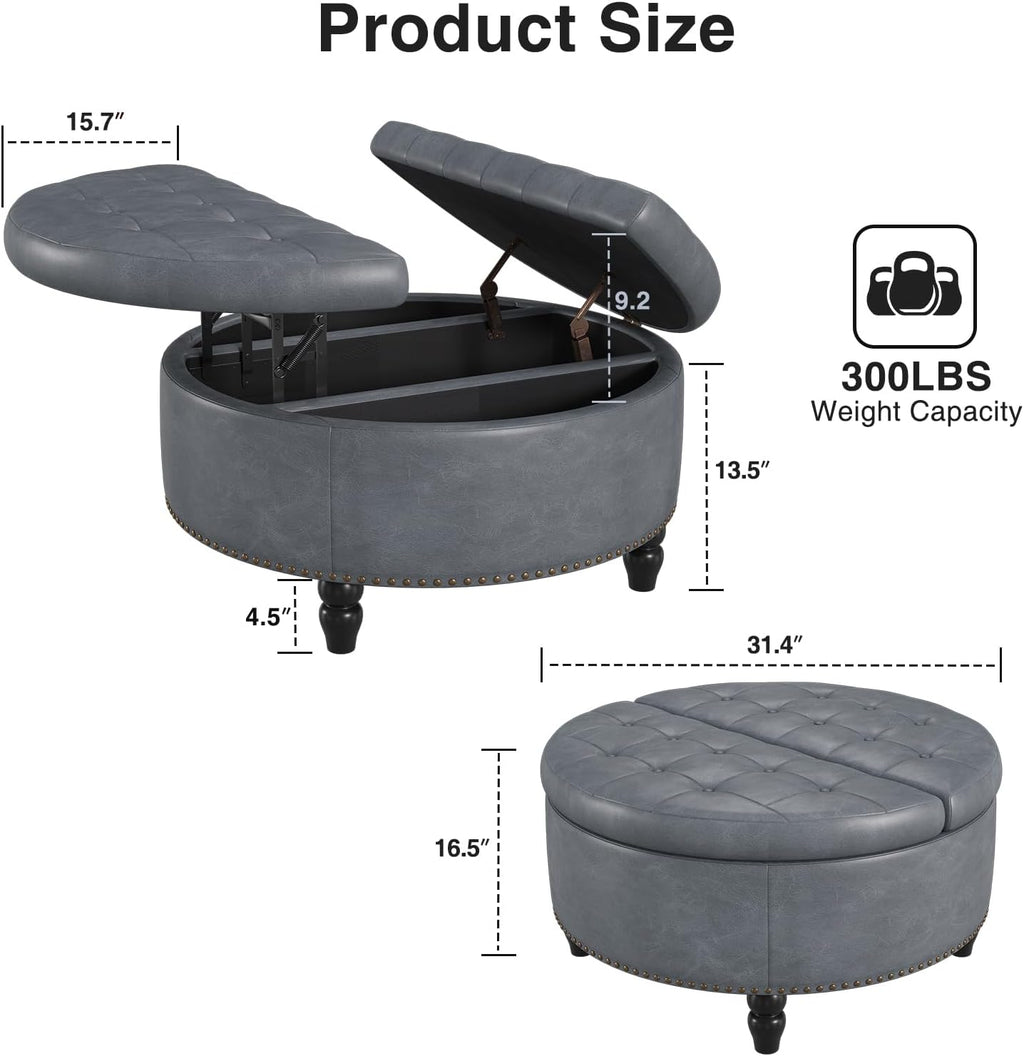 Large Round Fabric Storage Ottoman Coffee Table