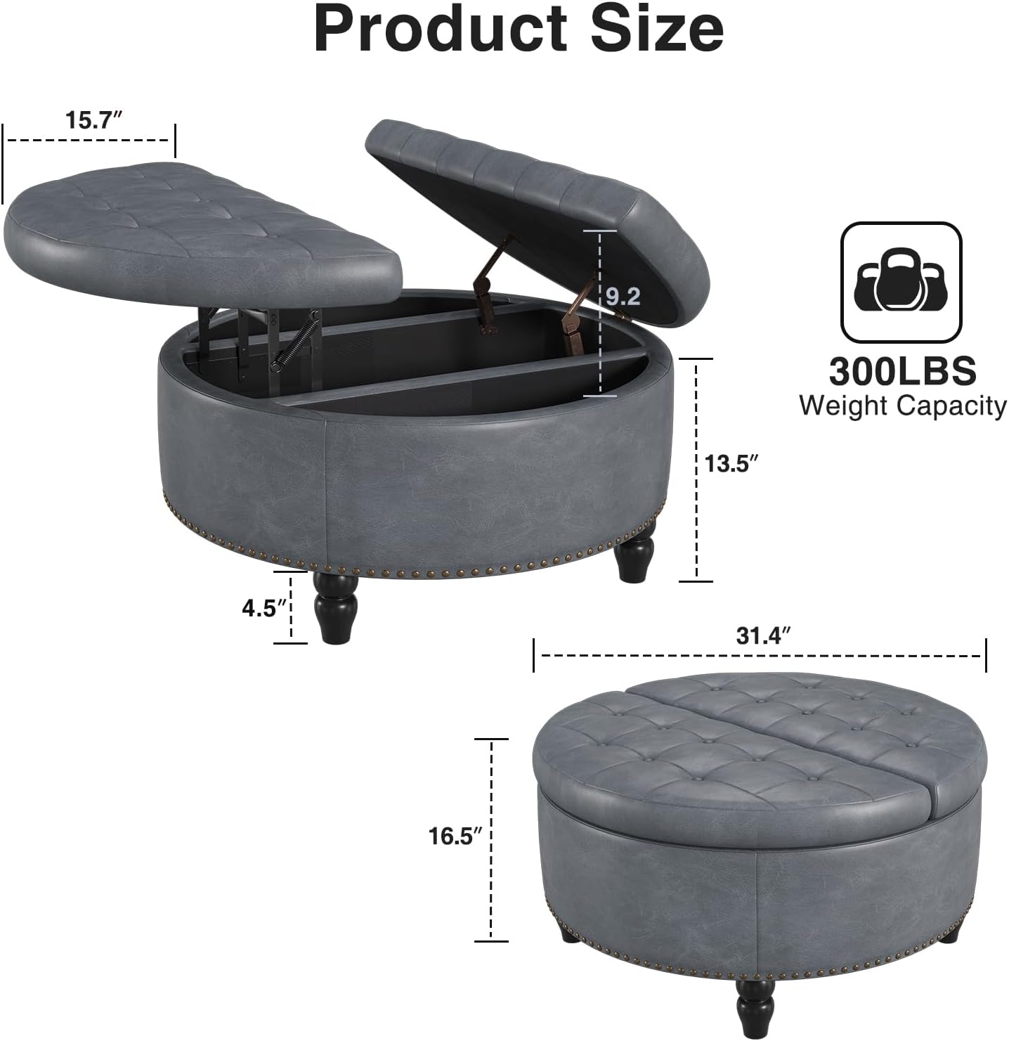 Large Round Fabric Storage Ottoman Coffee Table