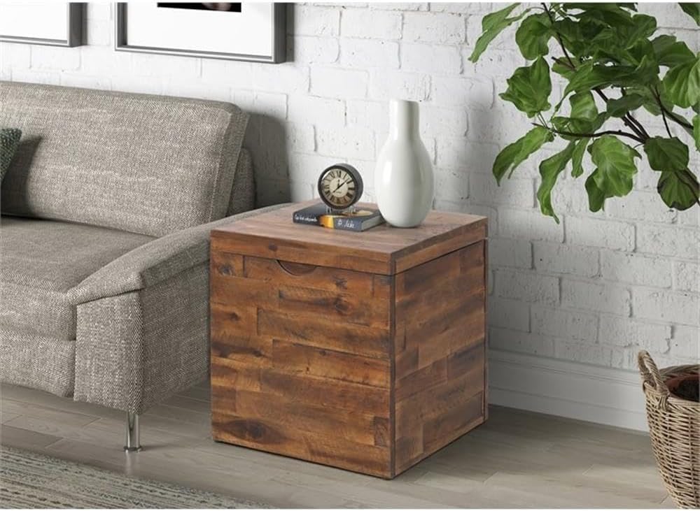 Acacia Wood Metal Hinge‑Top Storage Cube Trunk