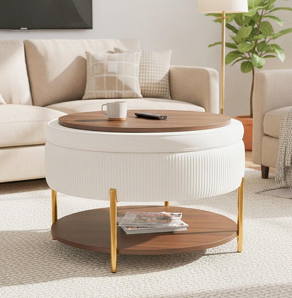 Round Fabric Storage Ottoman Coffee Table