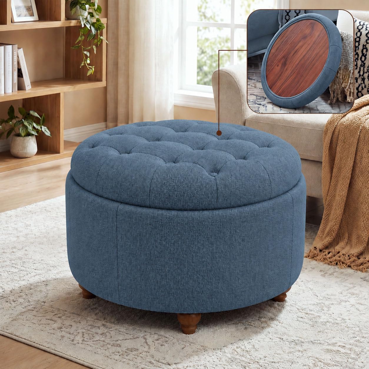 Small Round Storage Ottoman Coffee Table with Tray