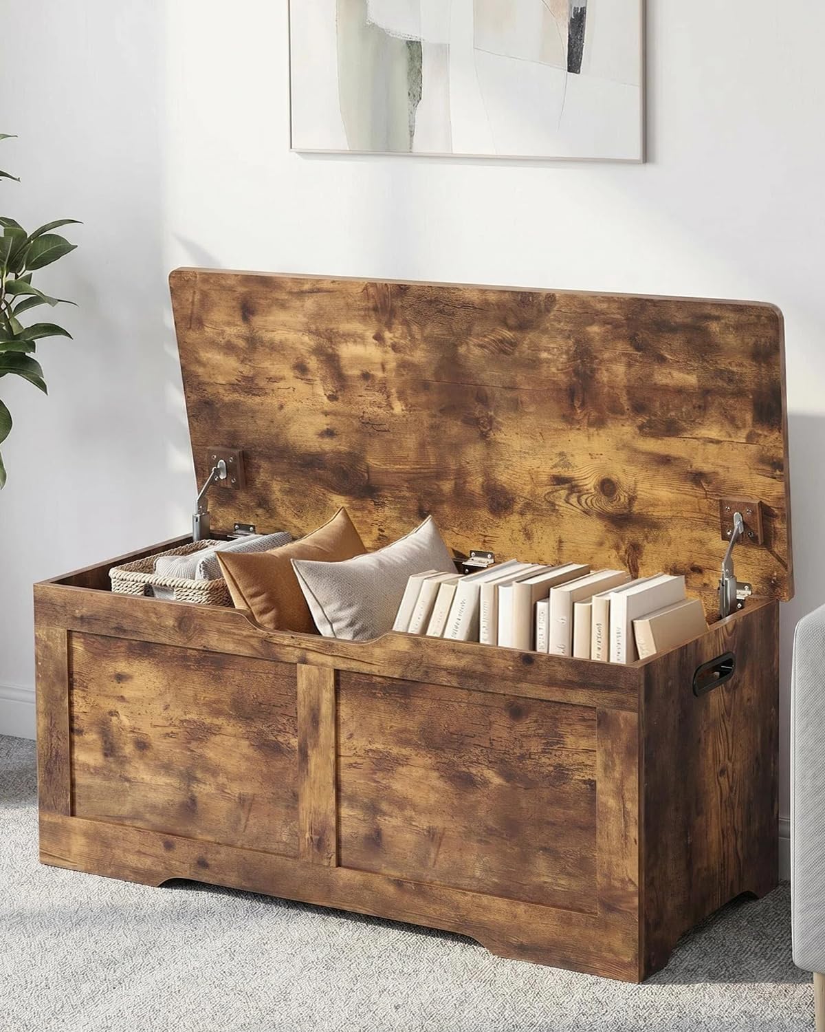 Rustic Wooden Safety‑Hinge Entryway Storage Bench Chest