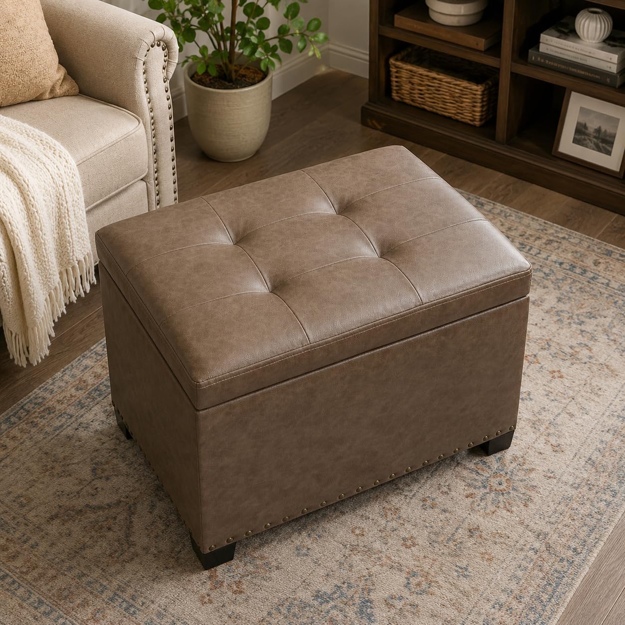 Tufted Faux‑Leather Storage Ottoman Coffee Table