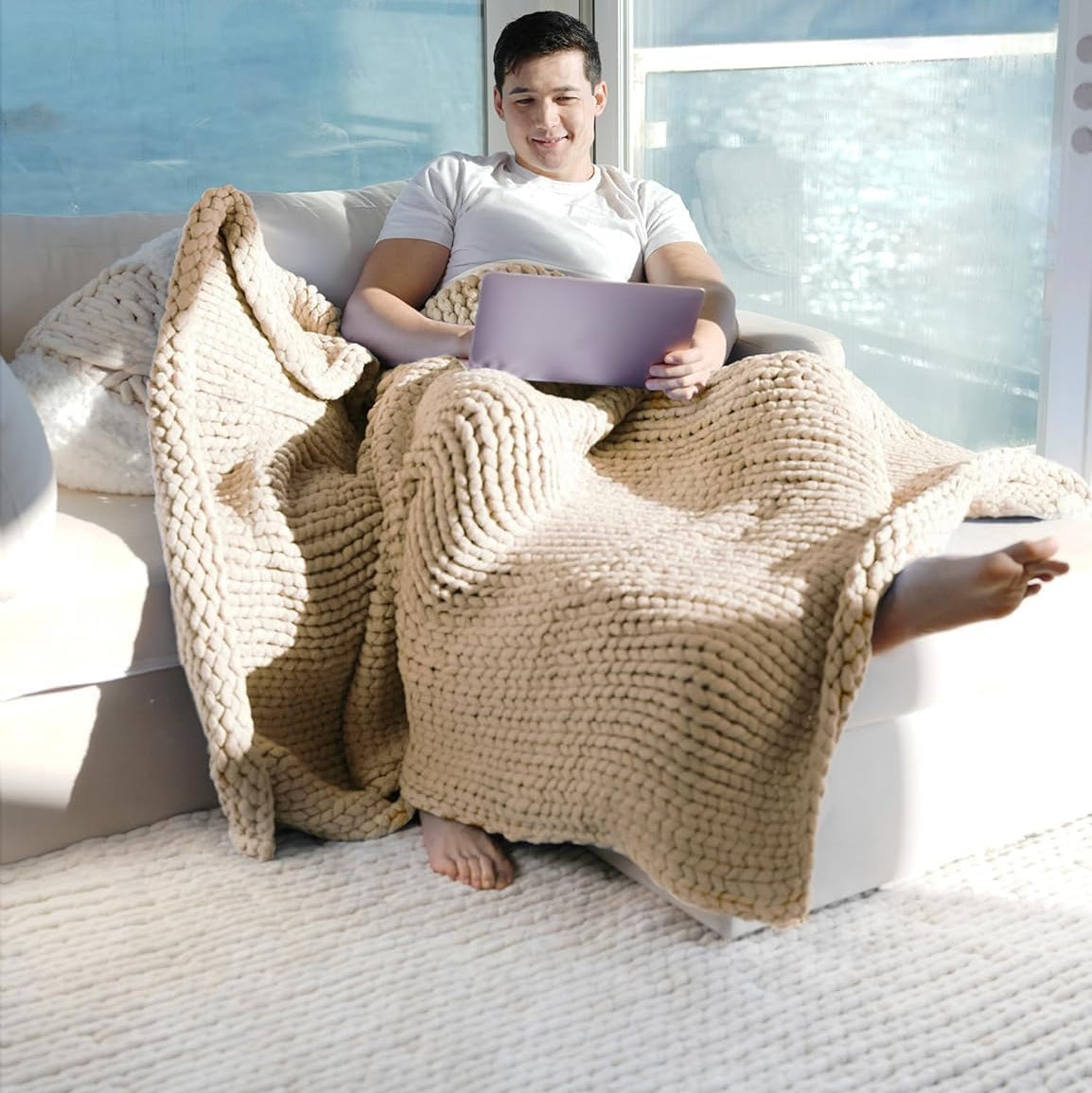 Hand Knitted Chunky Soft Throw Blanket