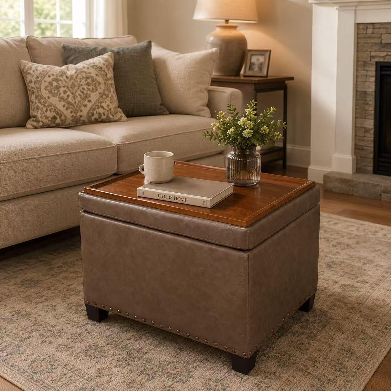 Tufted Faux‑Leather Storage Ottoman Coffee Table