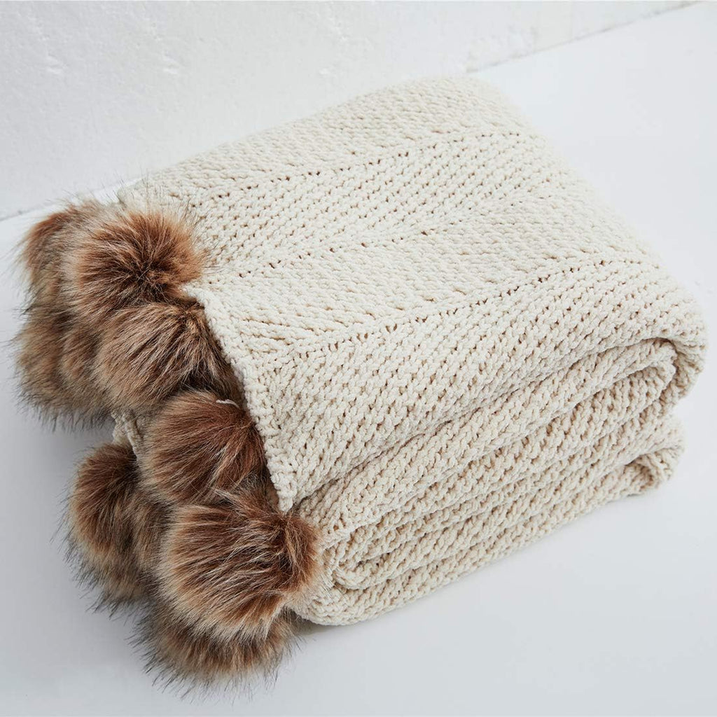 Soft Cable Knit Throw Blanket with Pom‑Poms