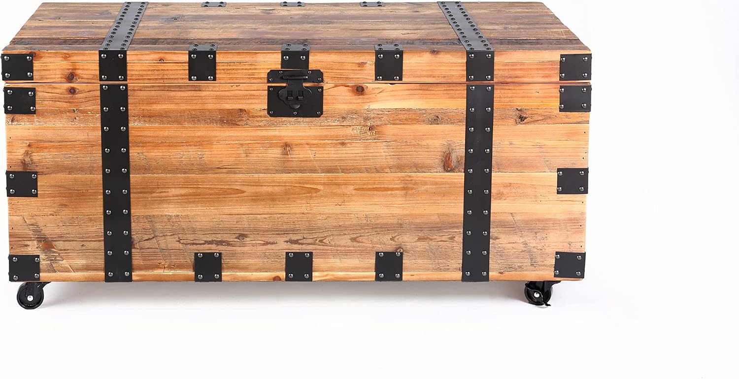 Rustic Wooden Wheeled Lift‑Top Storage Trunk Table