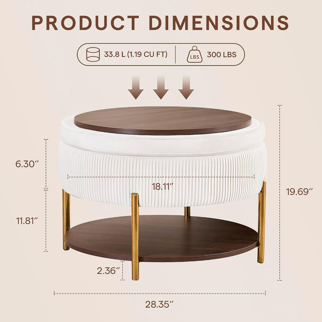 Round Fabric Storage Ottoman Coffee Table