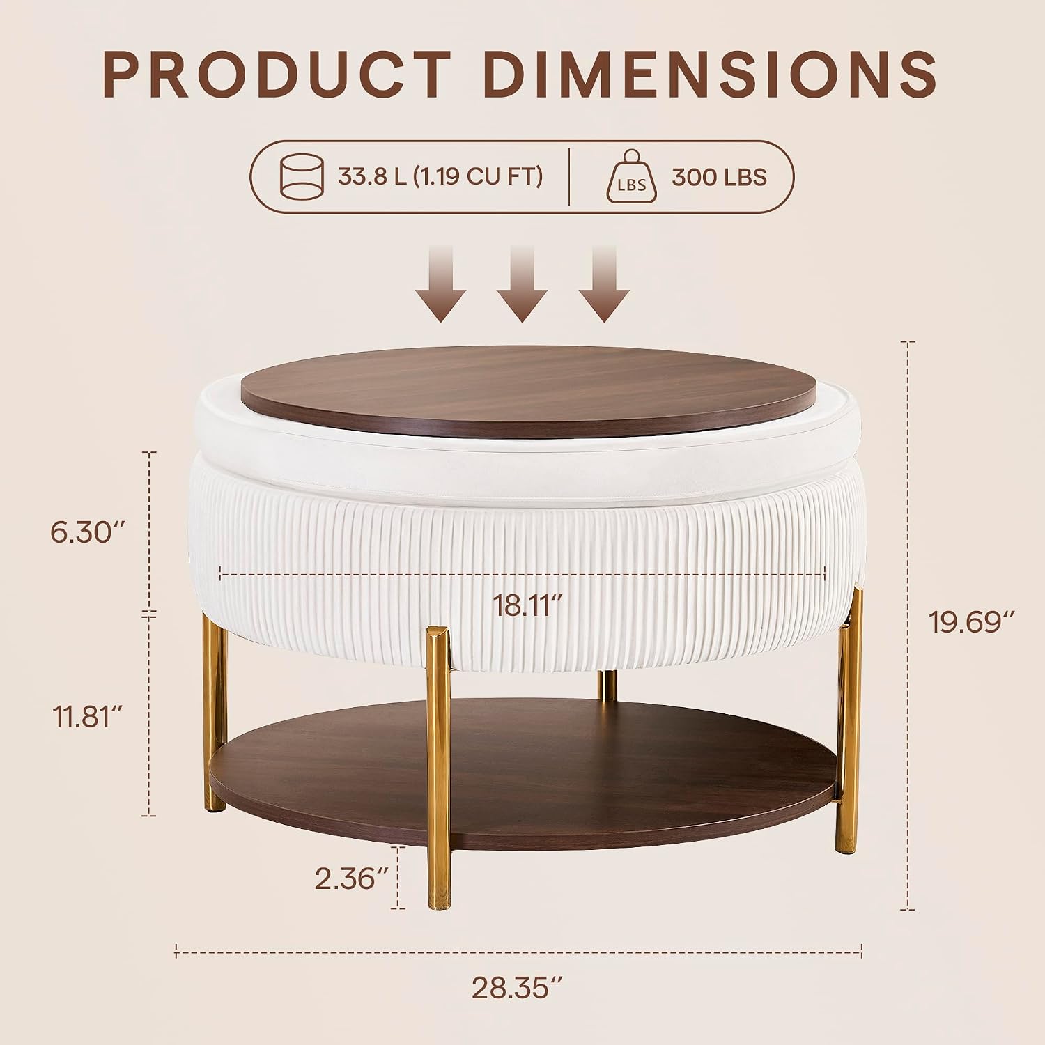 Round Fabric Storage Ottoman Coffee Table