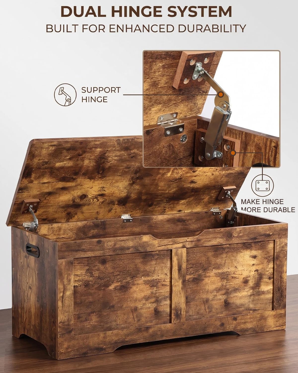 Rustic Wooden Safety‑Hinge Entryway Storage Bench Chest