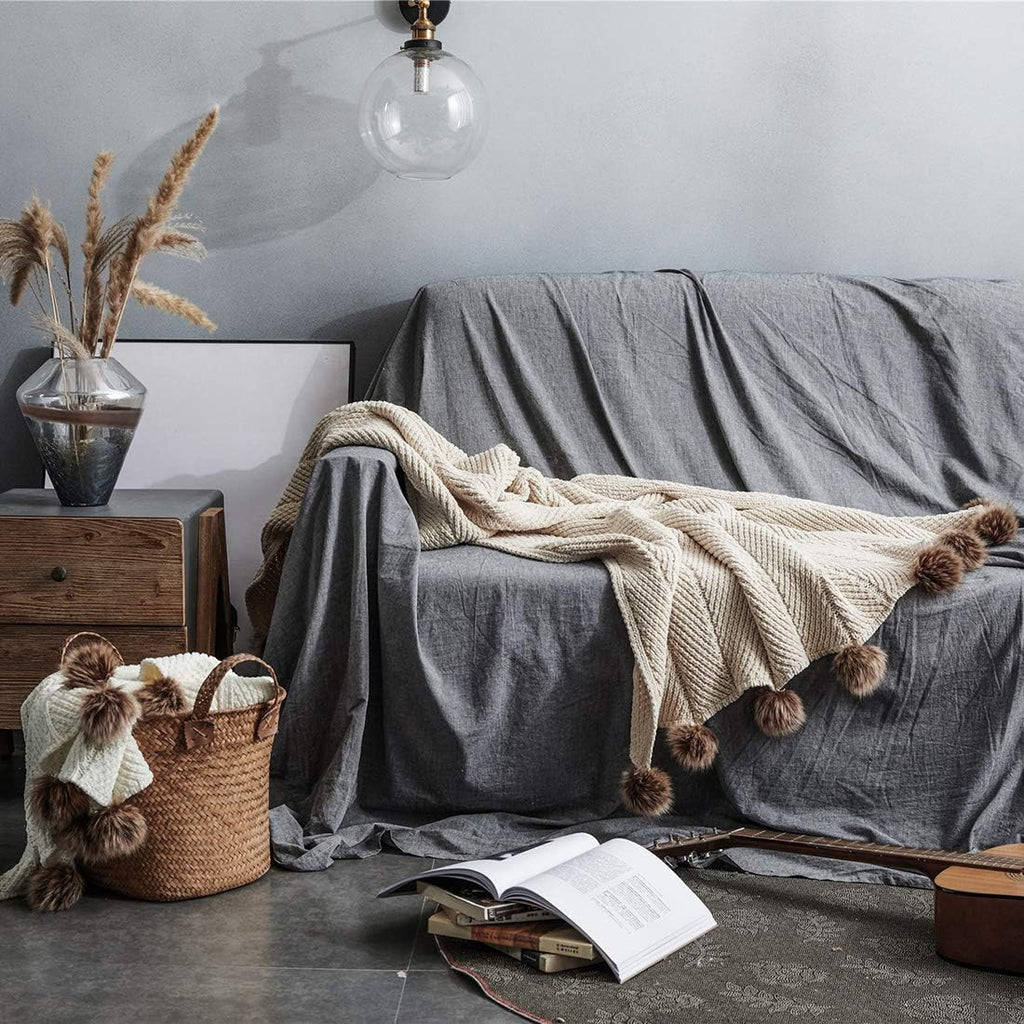 Soft Cable Knit Throw Blanket with Pom‑Poms