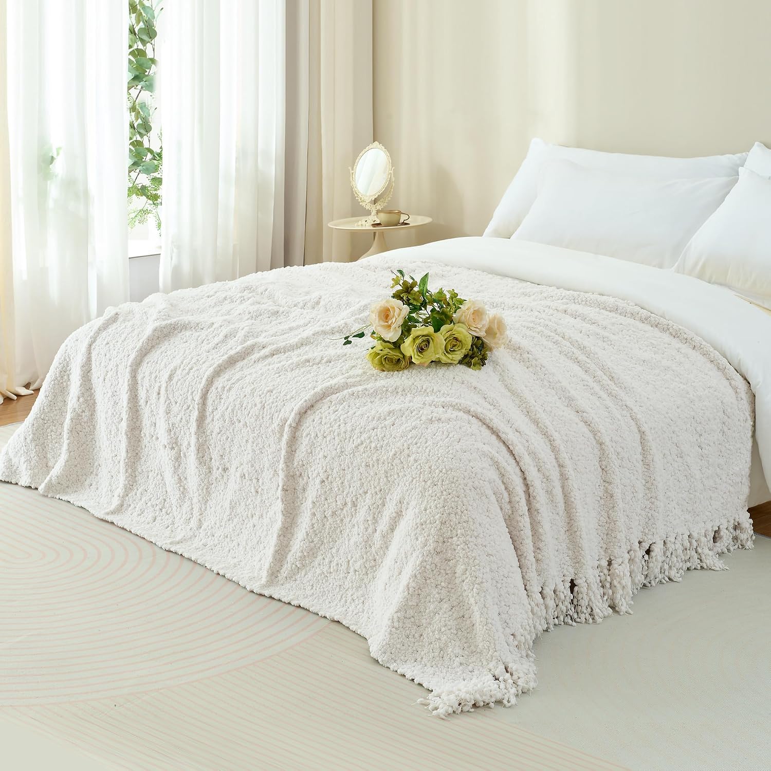 Knitted Couch Throw Blanket With Fringe Tassels