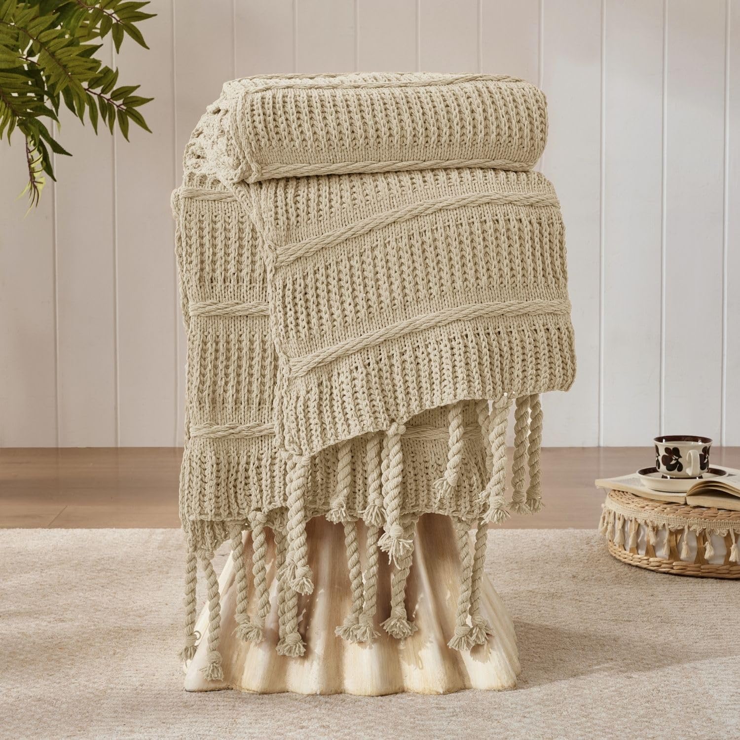 Boho Chenille Throw Blanket With Tassels