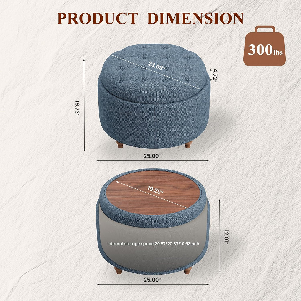 Small Round Storage Ottoman Coffee Table with Tray