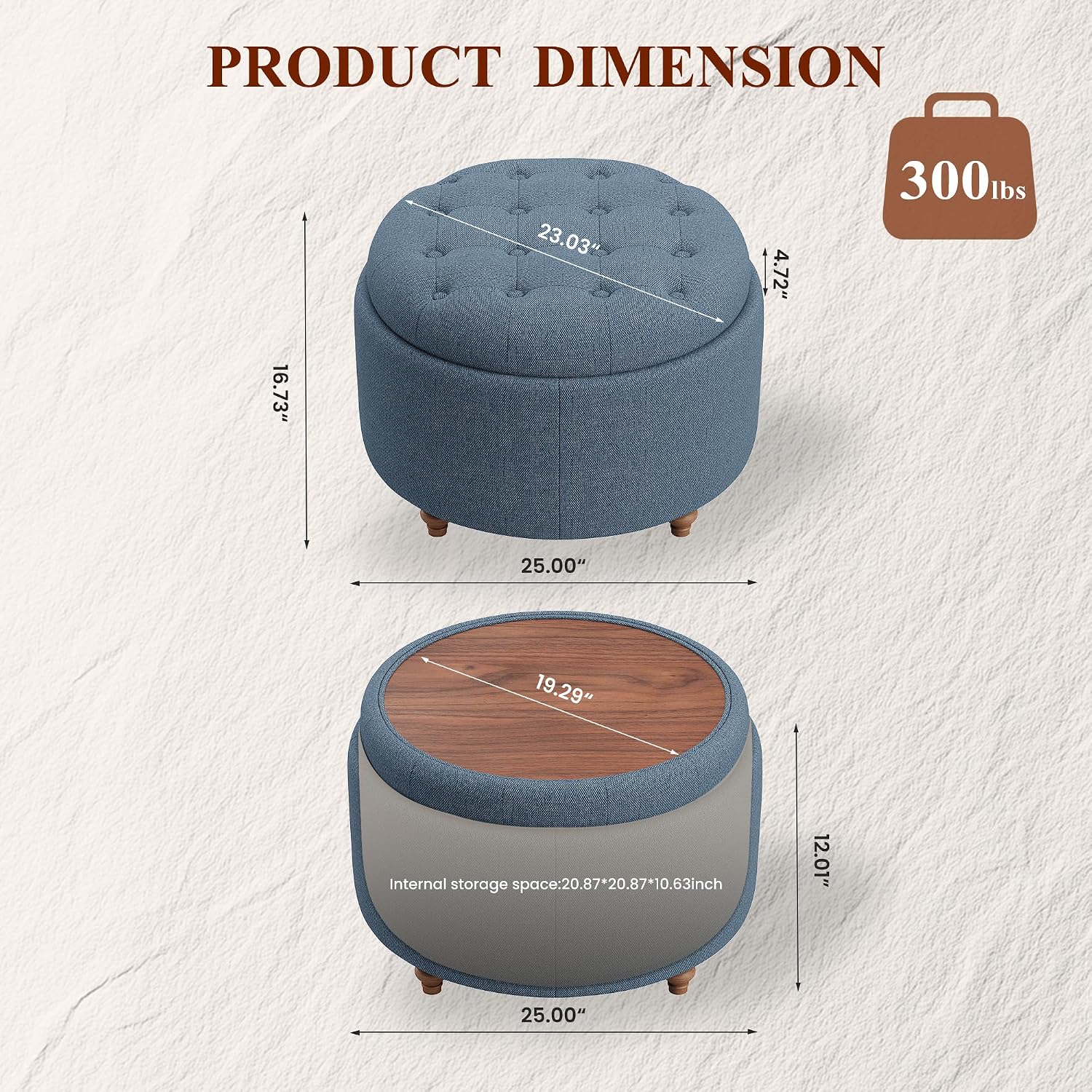 Small Round Storage Ottoman Coffee Table with Tray