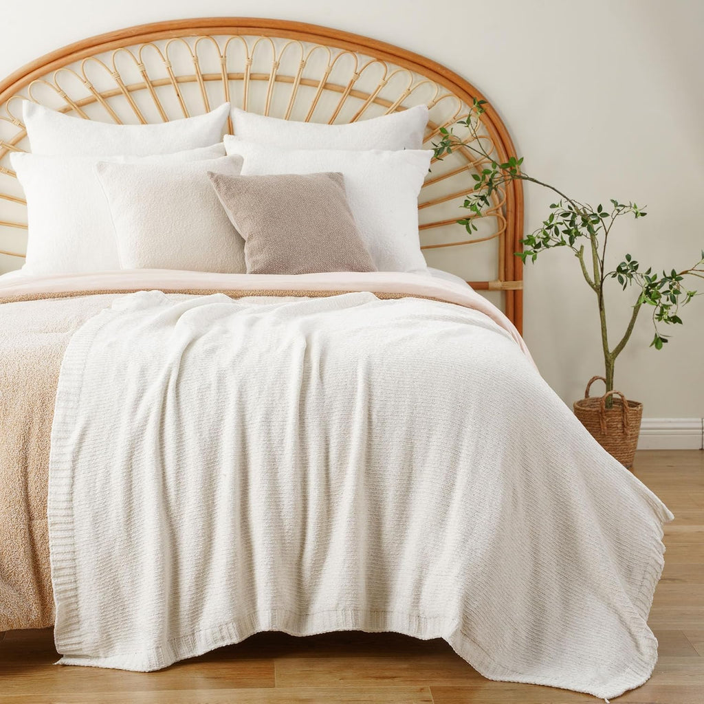 Ivory Chenille Knitted Couch Throw Blanket
