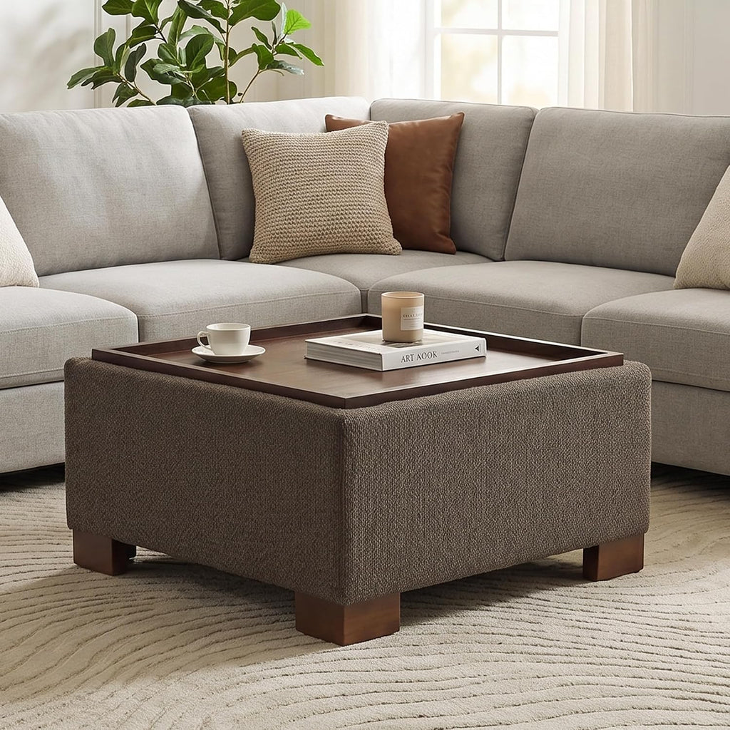 Square Boucle Storage Ottoman Coffee Table with Tray