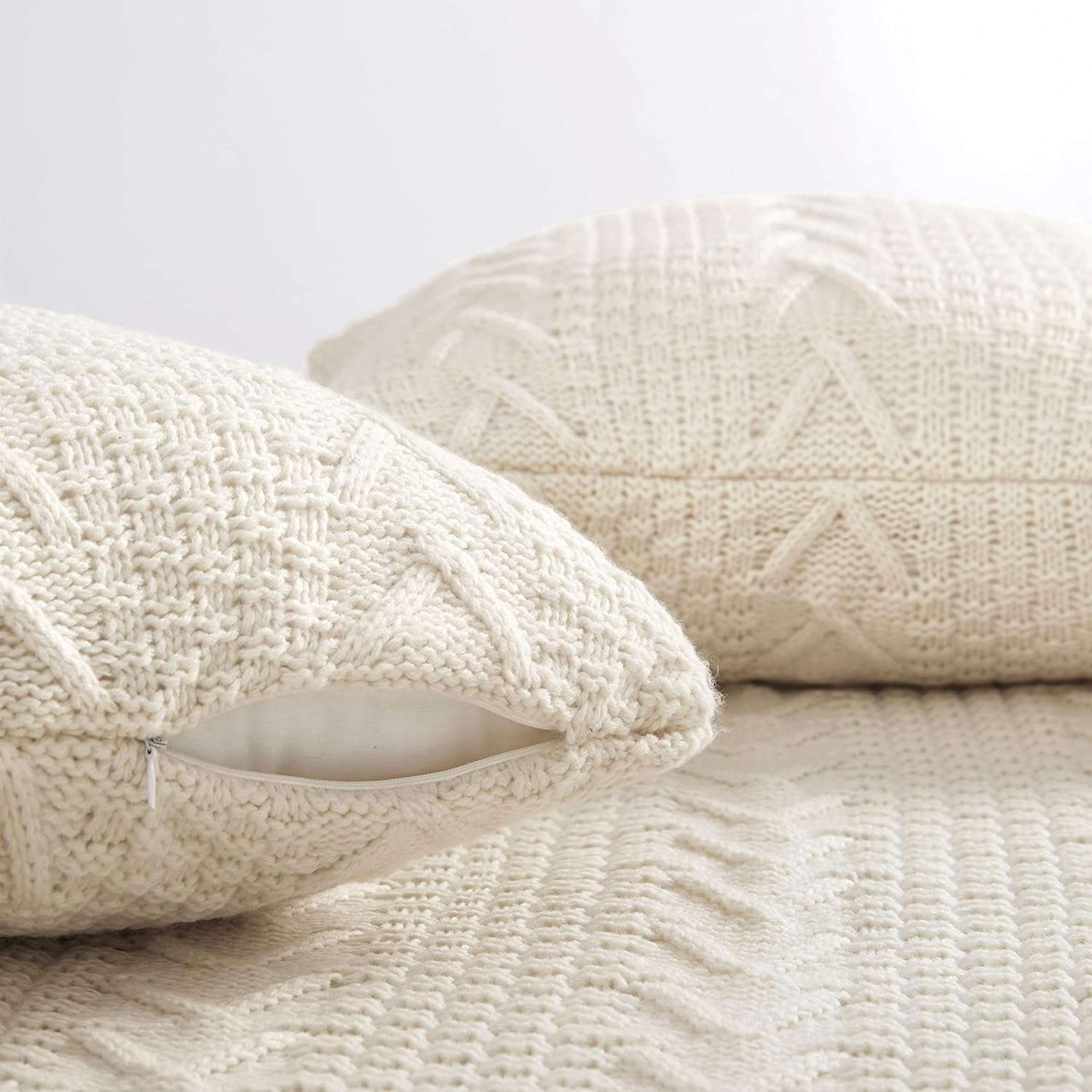 Cream Knitted Throw Blanket Pillow Cover Set