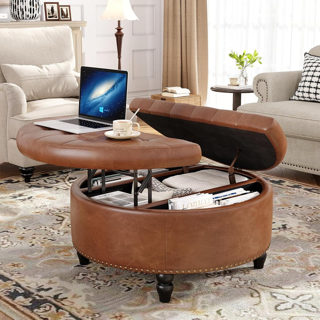 Large Round Fabric Storage Ottoman Coffee Table
