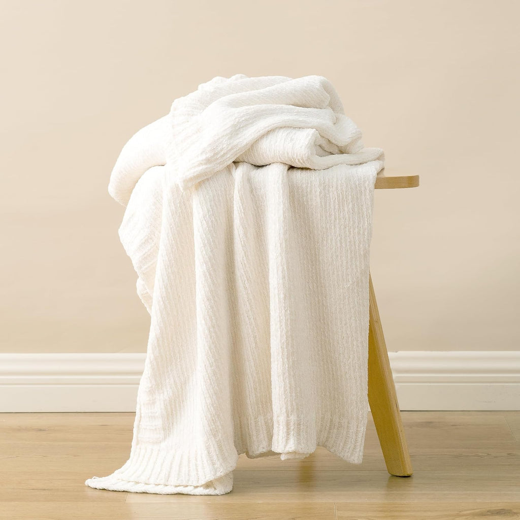 Ivory Chenille Knitted Couch Throw Blanket