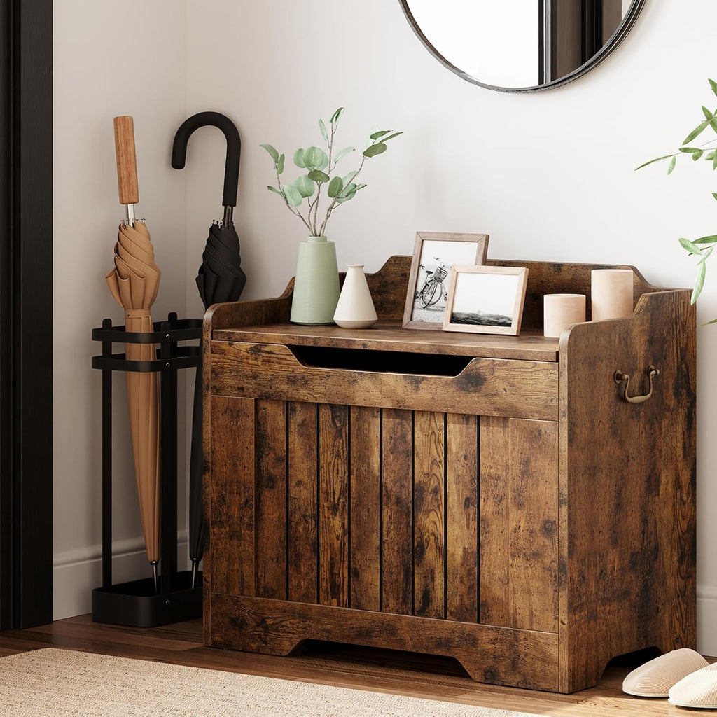 Rustic Wooden Safety‑Hinge Storage Bench Chest
