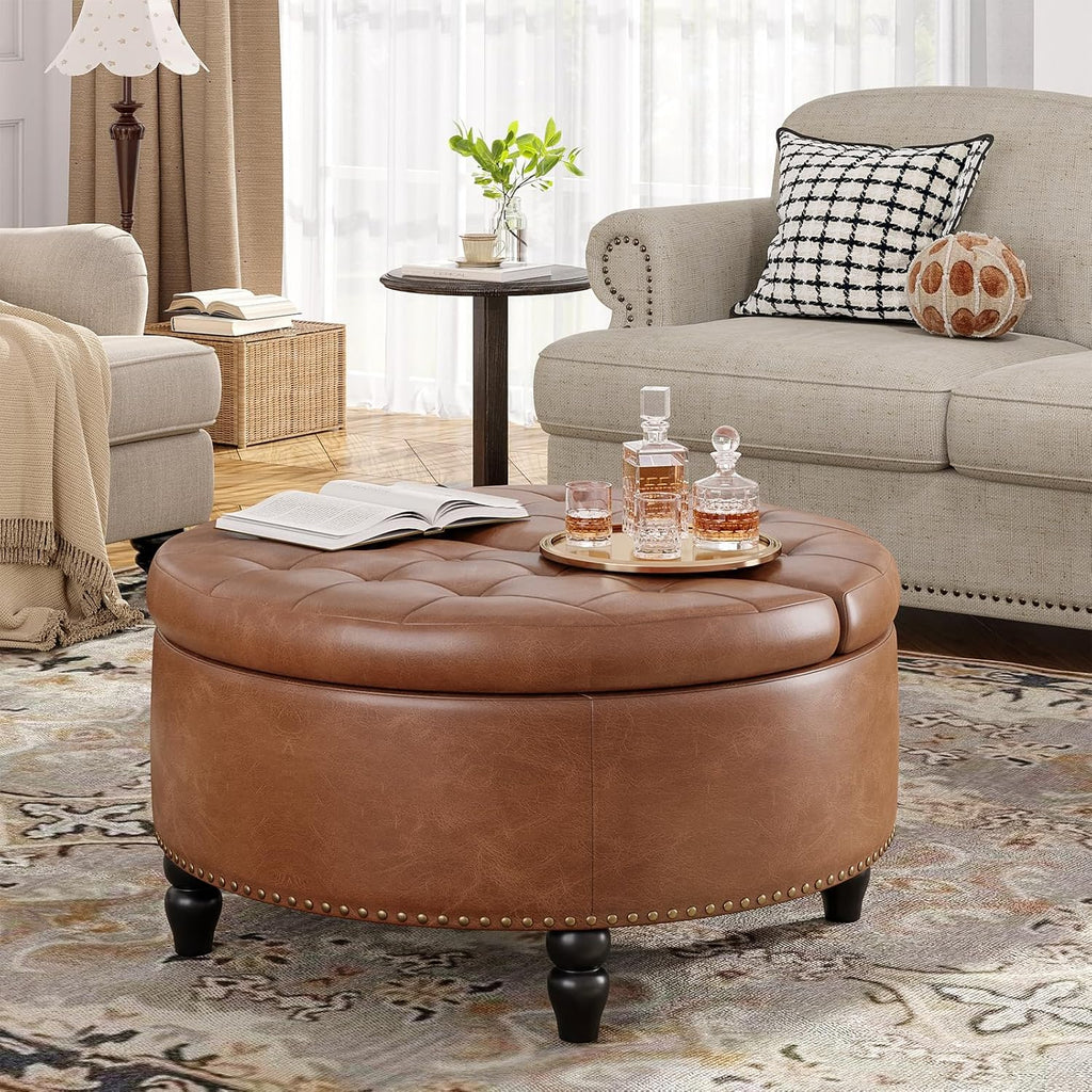 Large Round Fabric Storage Ottoman Coffee Table