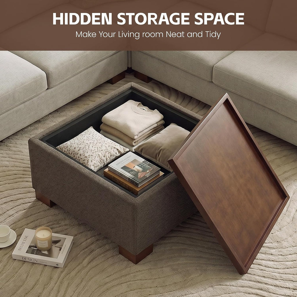 Square Boucle Storage Ottoman Coffee Table with Tray