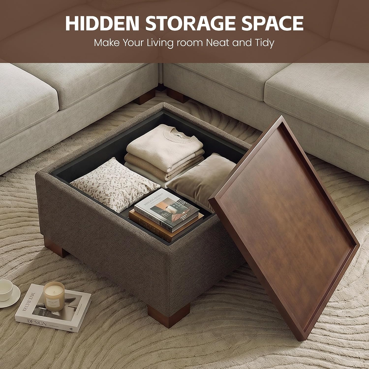 Square Boucle Storage Ottoman Coffee Table with Tray