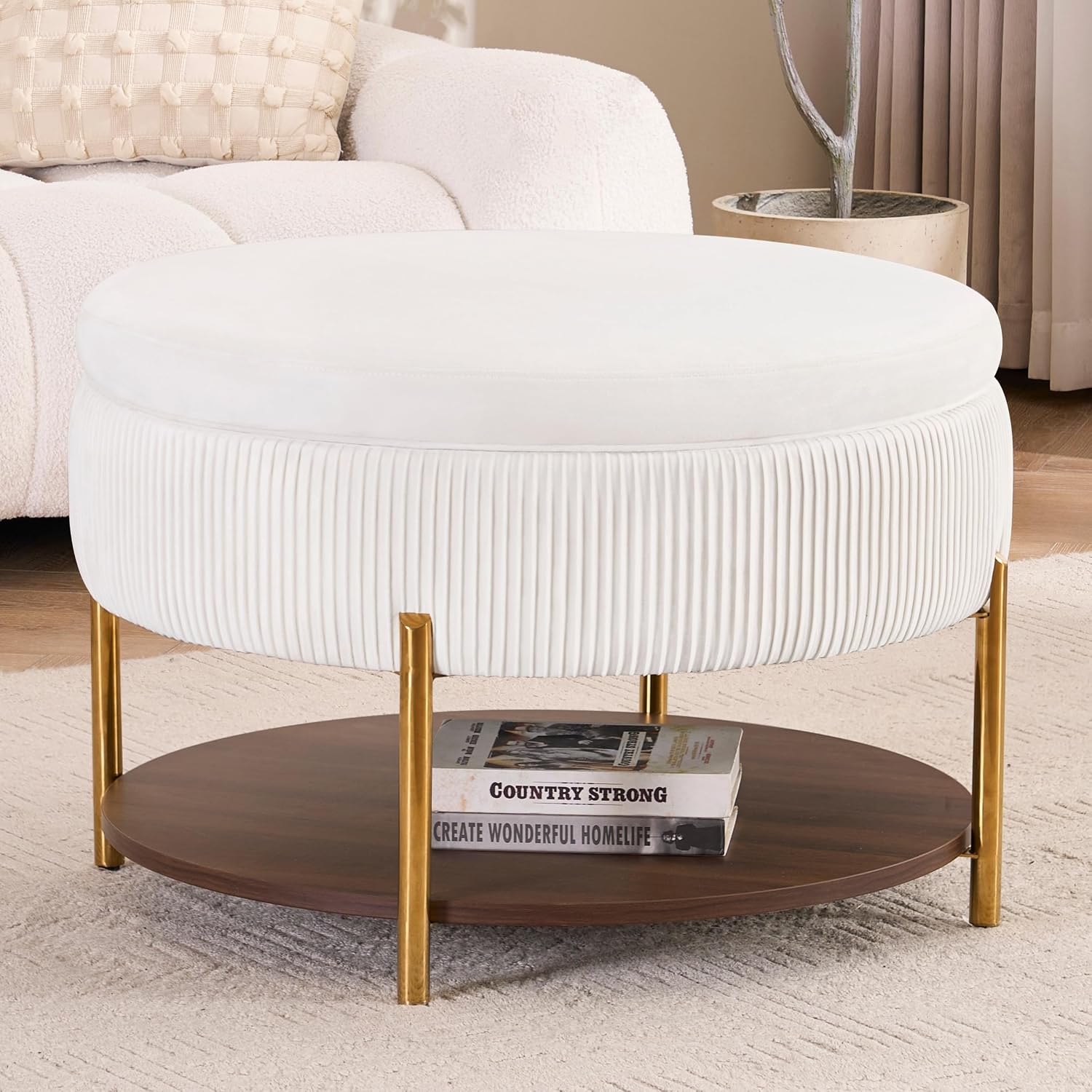 Round Fabric Storage Ottoman Coffee Table