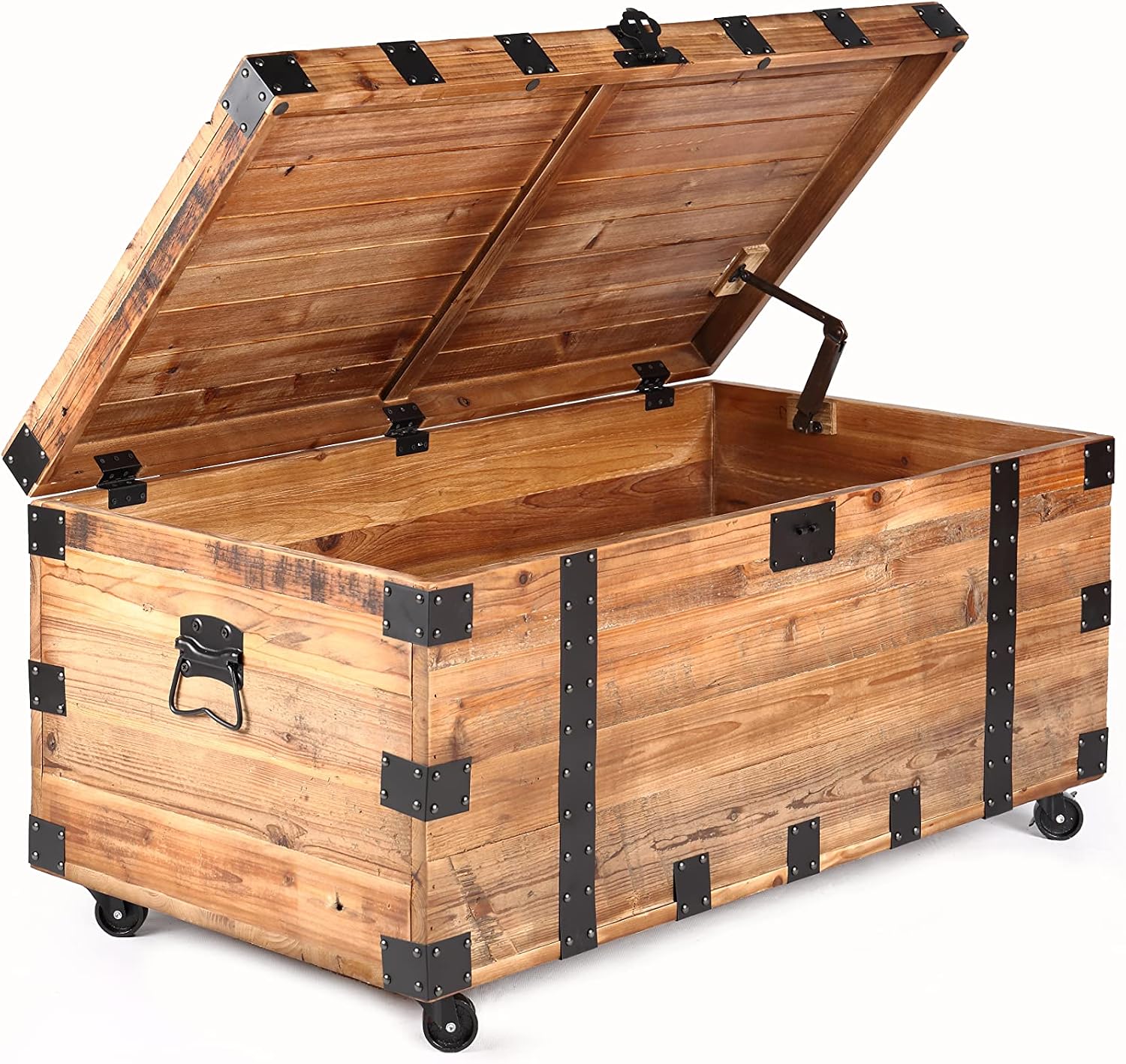 Rustic Wooden Wheeled Lift‑Top Storage Trunk Table
