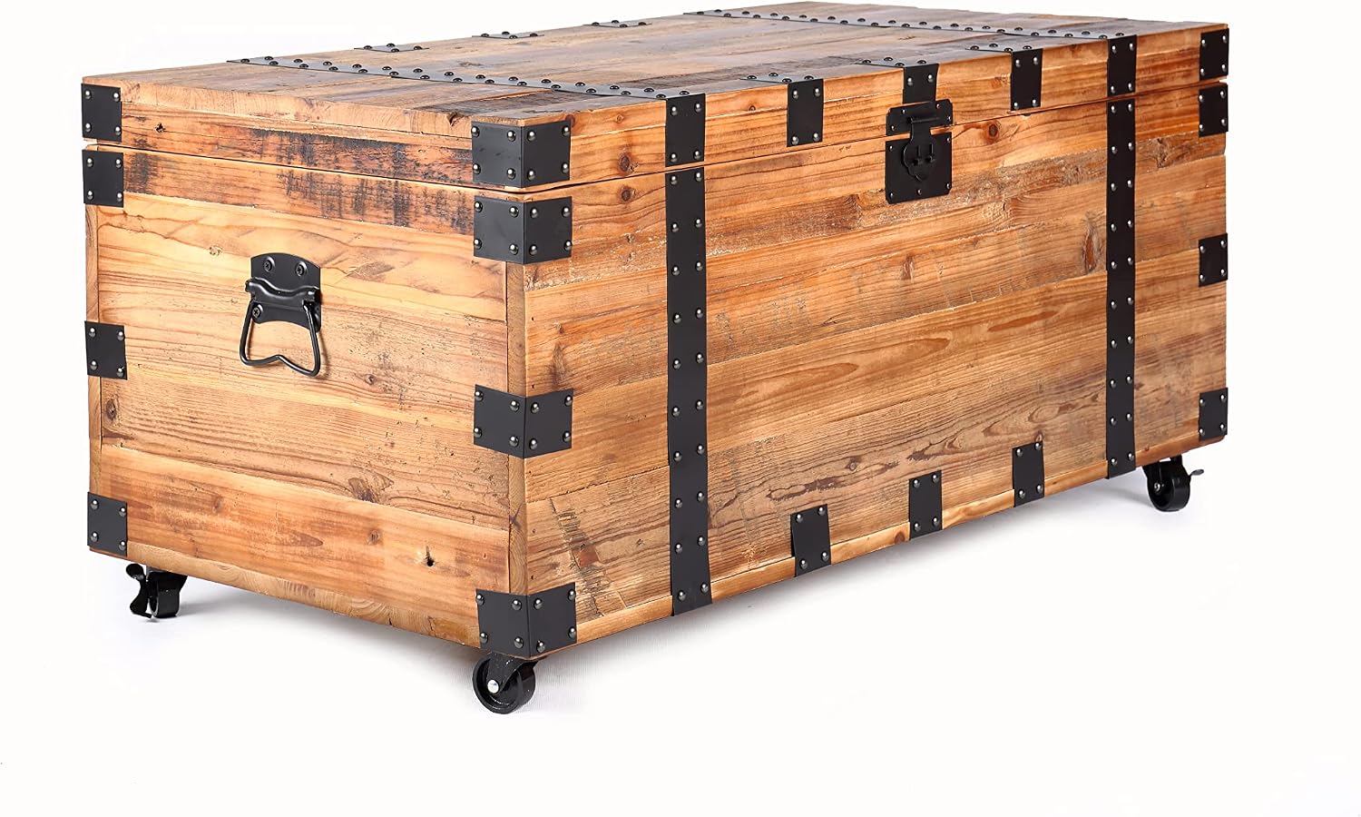 Rustic Wooden Wheeled Lift‑Top Storage Trunk Table