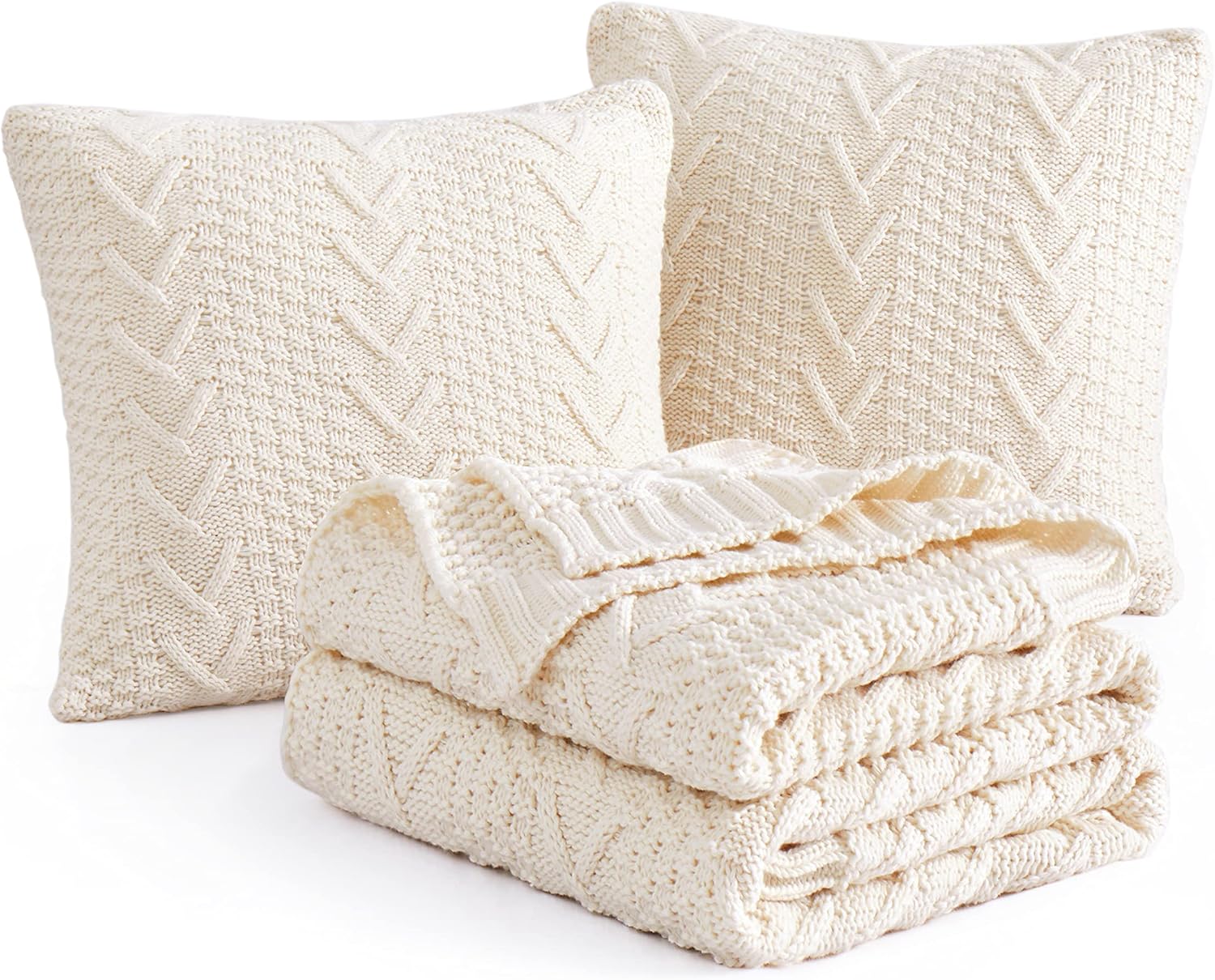 Cream Knitted Throw Blanket Pillow Cover Set