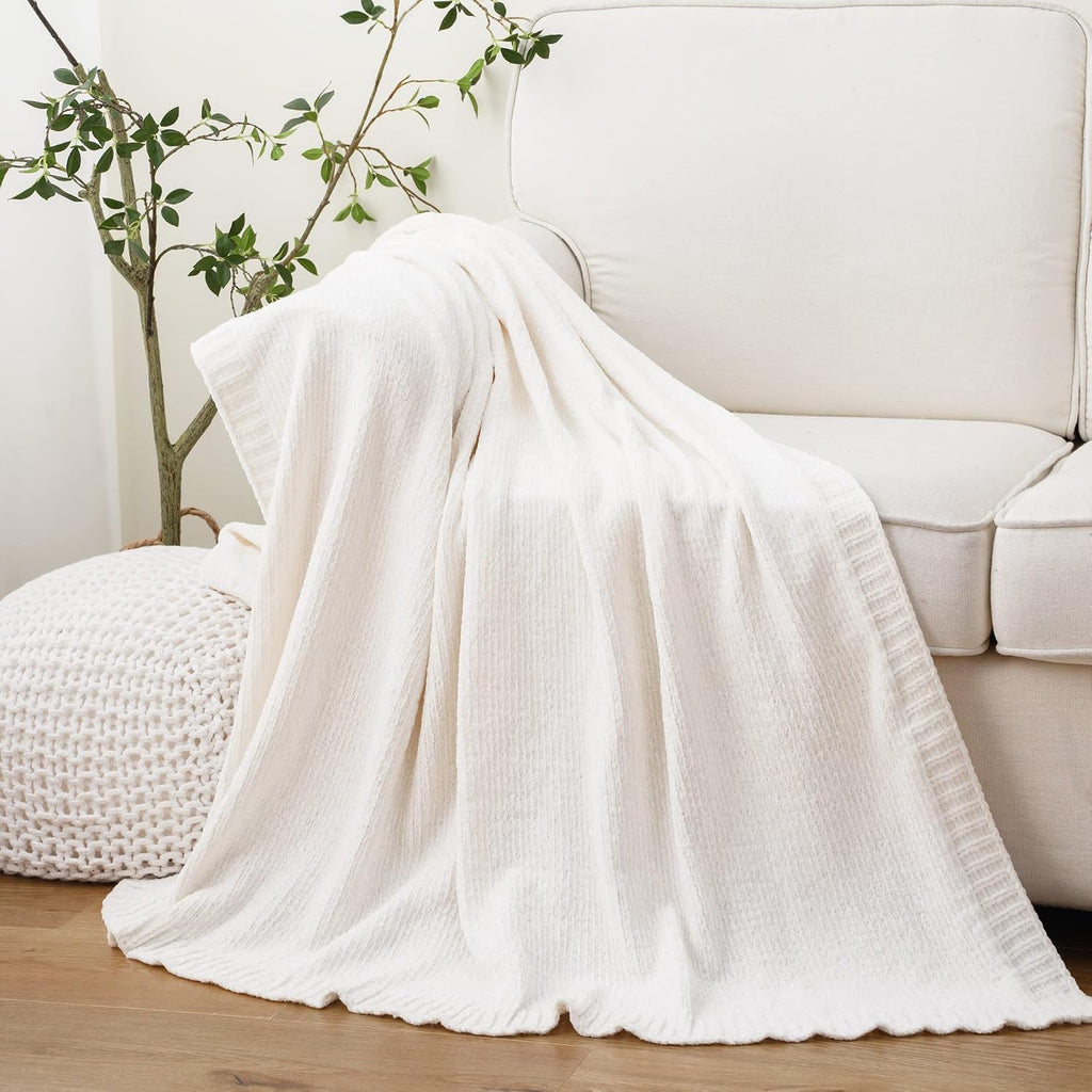 Ivory Chenille Knitted Couch Throw Blanket