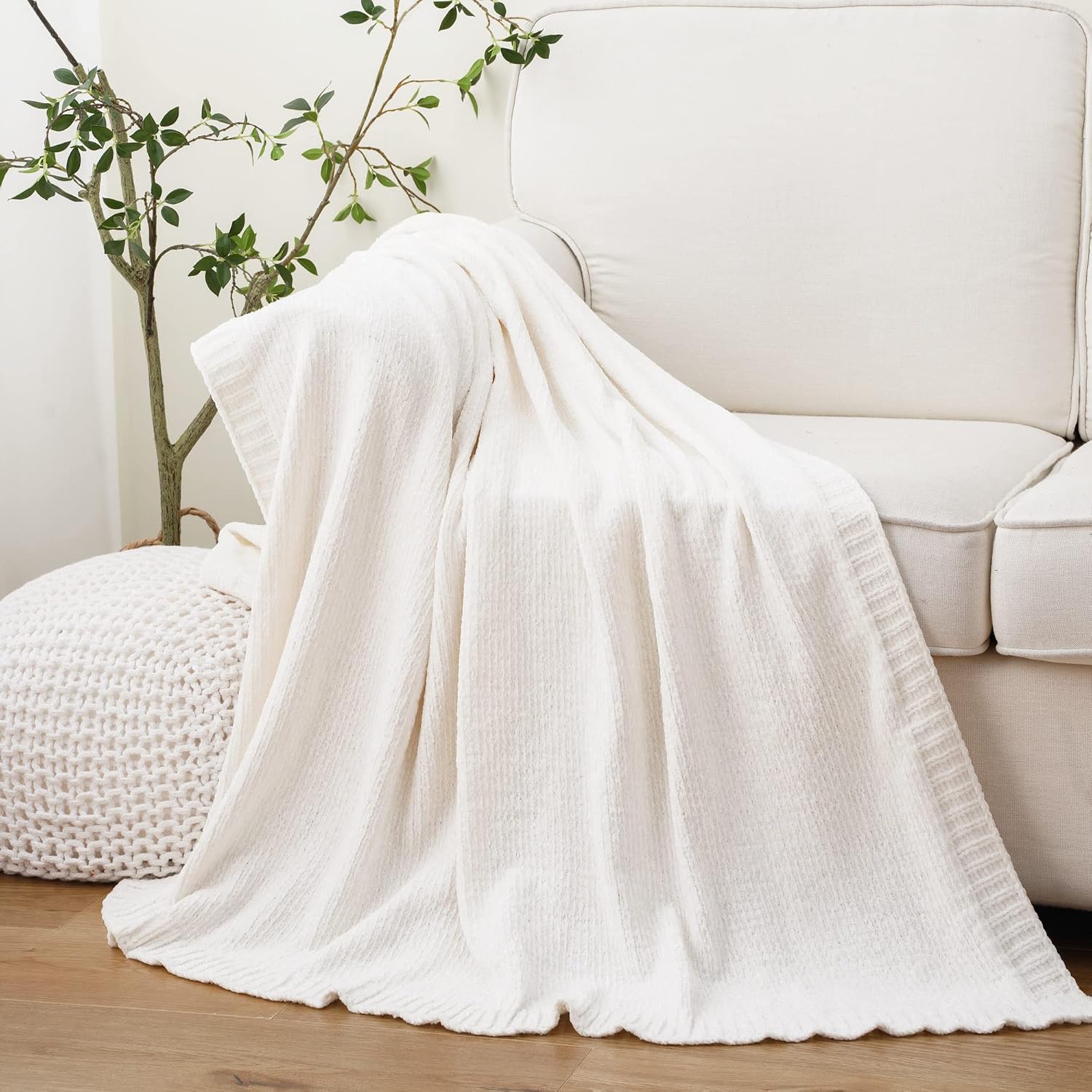 Ivory Chenille Knitted Couch Throw Blanket