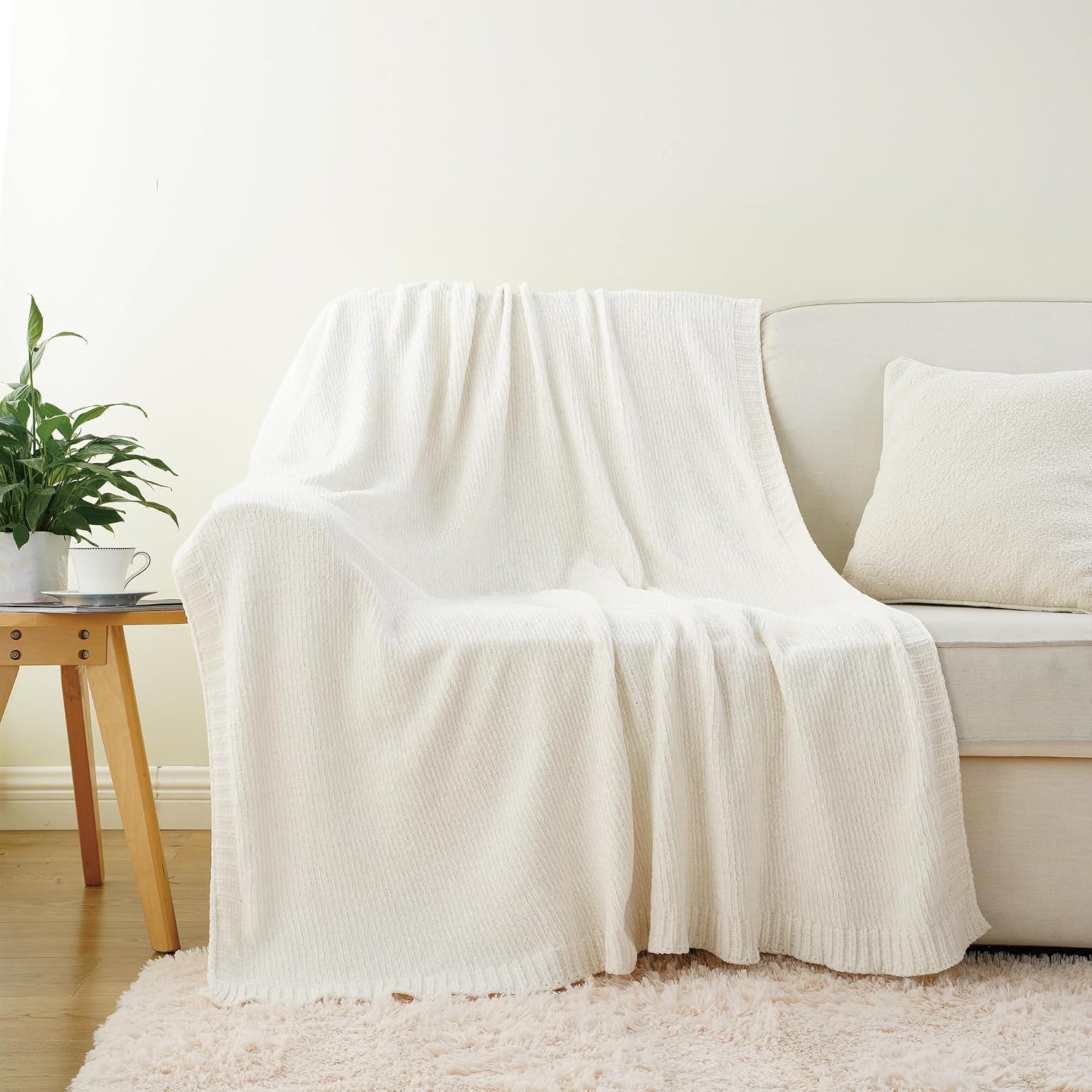 Ivory Chenille Knitted Couch Throw Blanket