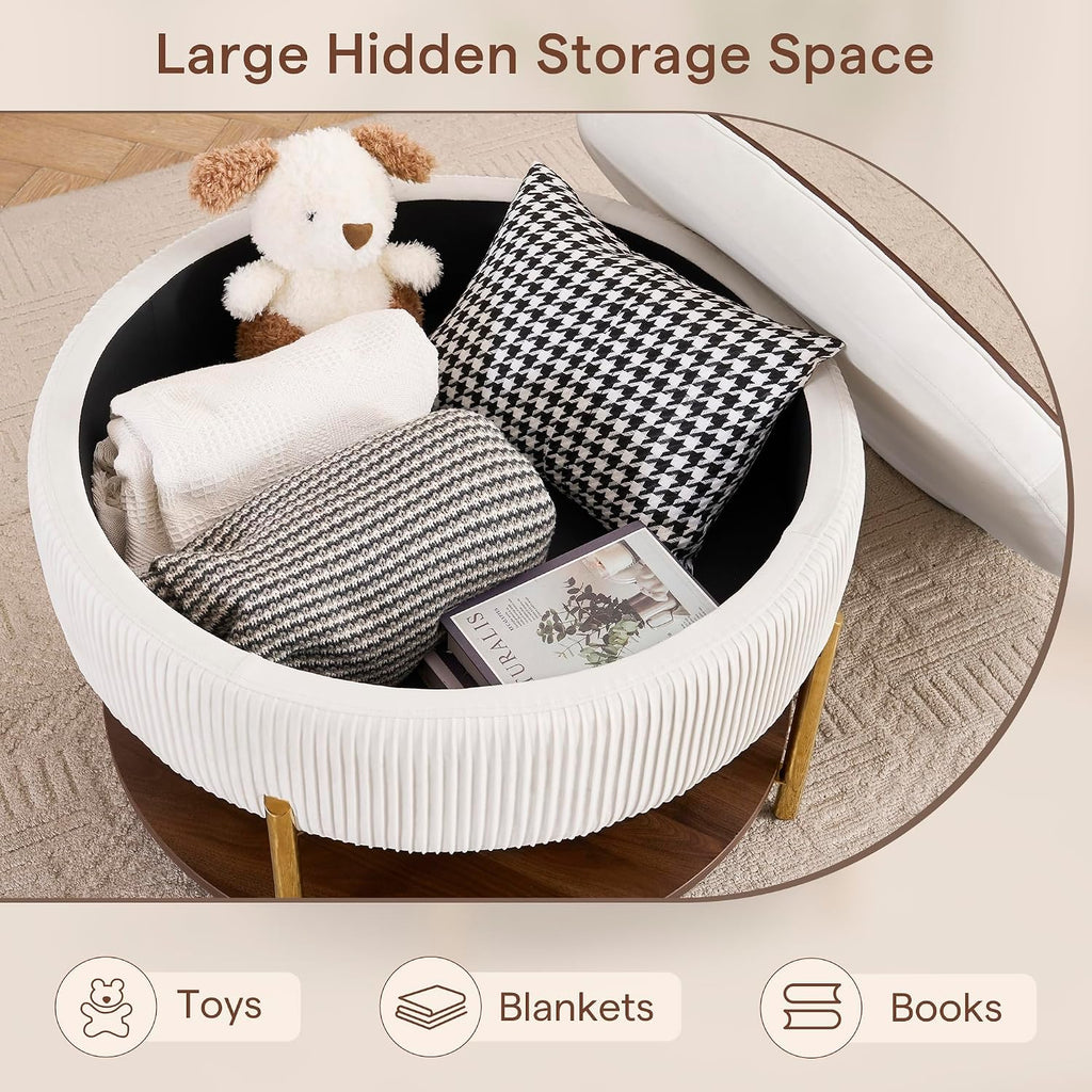 Round Fabric Storage Ottoman Coffee Table