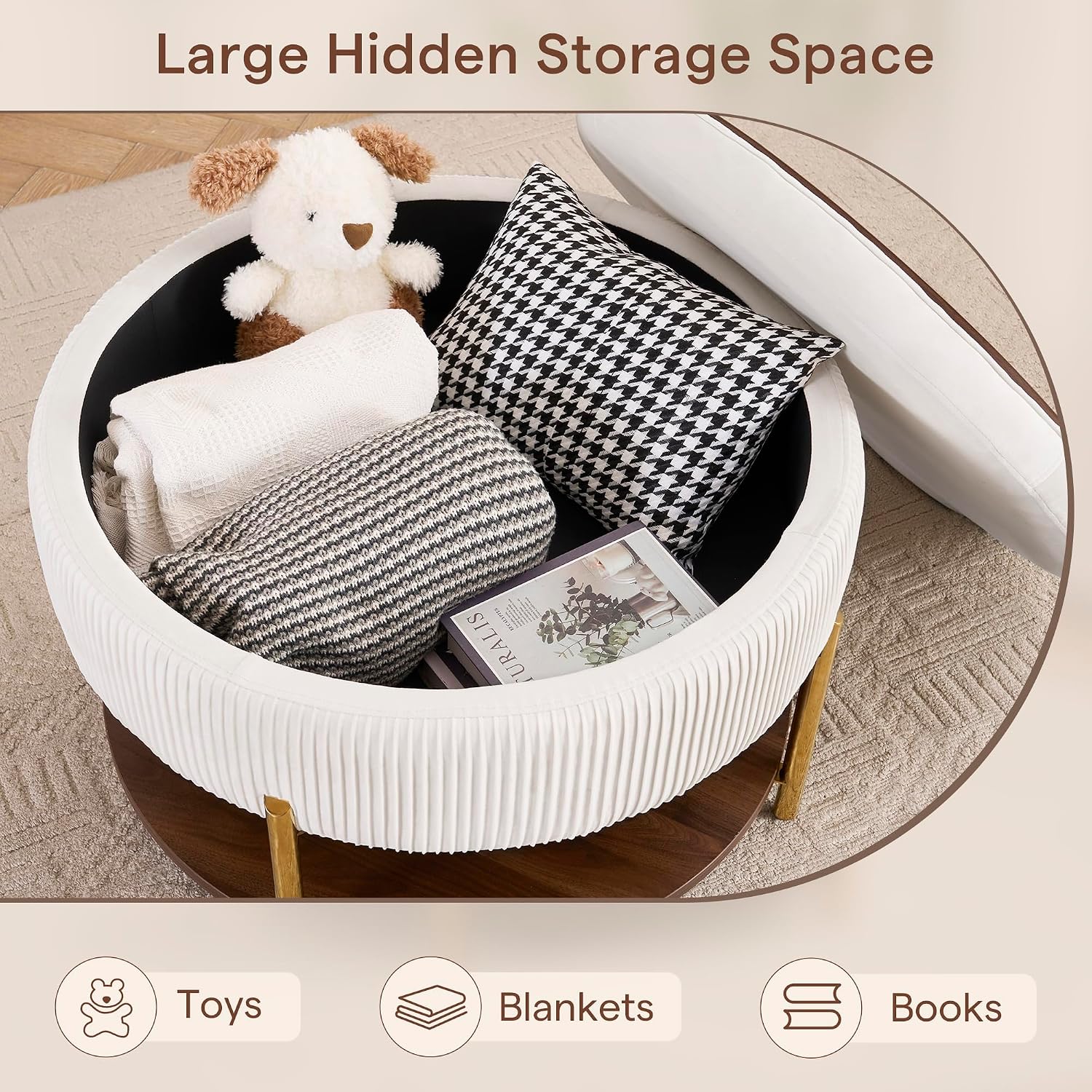 Round Fabric Storage Ottoman Coffee Table
