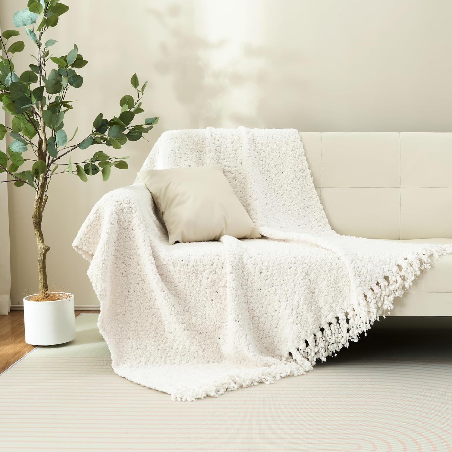 Knitted Couch Throw Blanket With Fringe Tassels