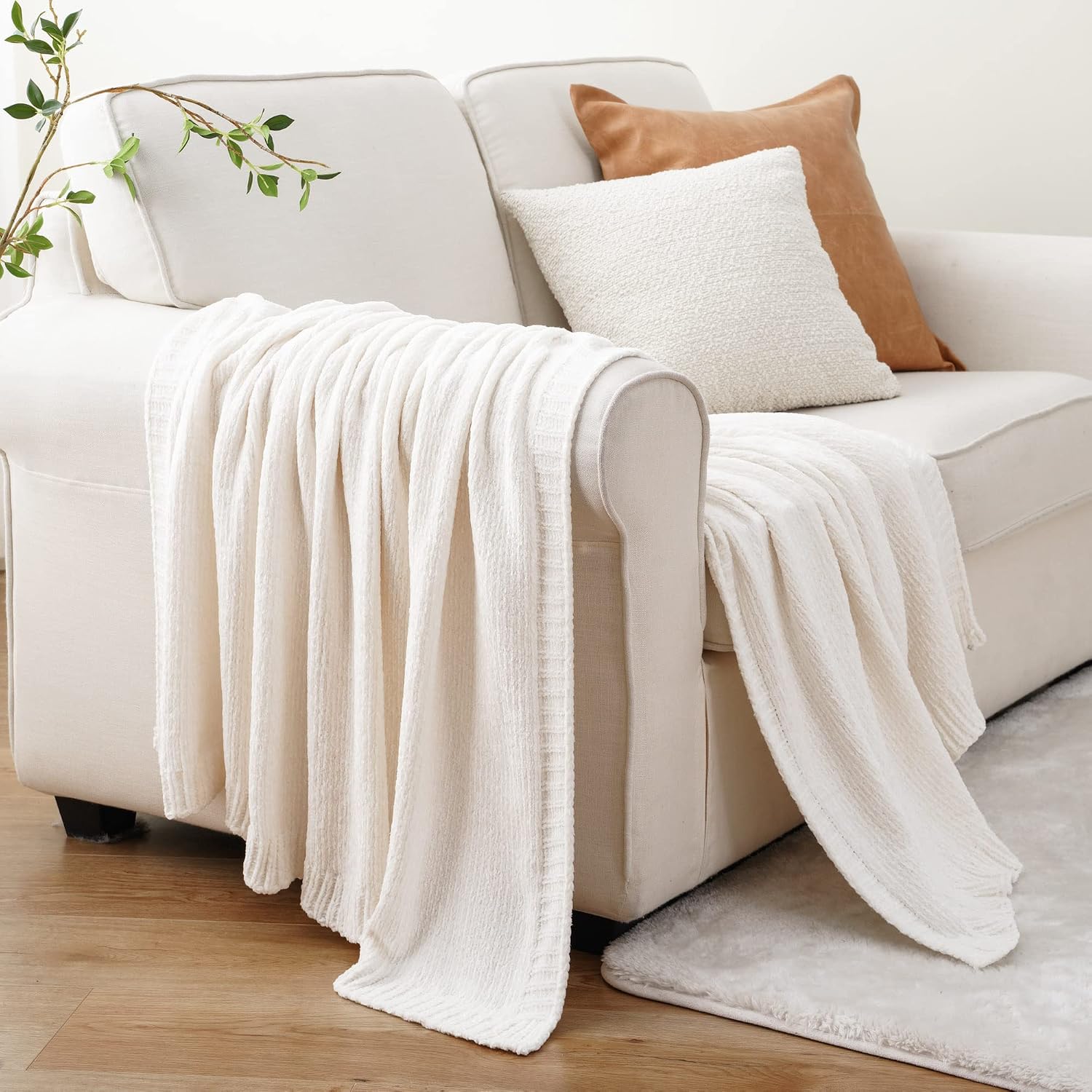 Ivory Chenille Knitted Couch Throw Blanket