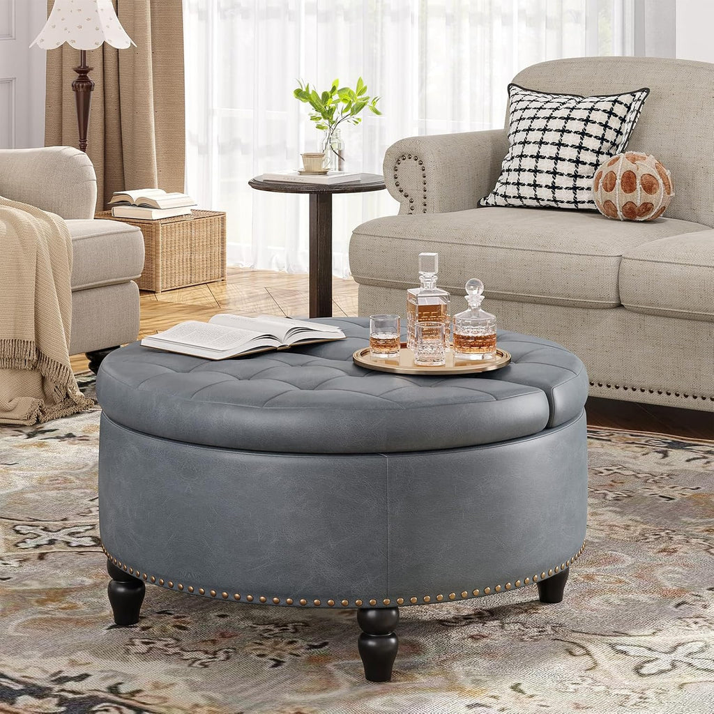 Large Round Fabric Storage Ottoman Coffee Table