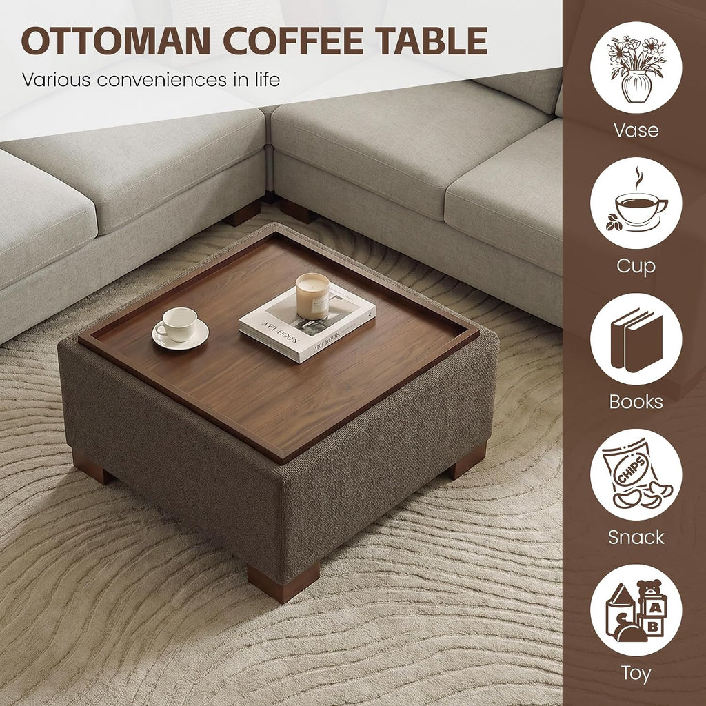 Square Boucle Storage Ottoman Coffee Table with Tray
