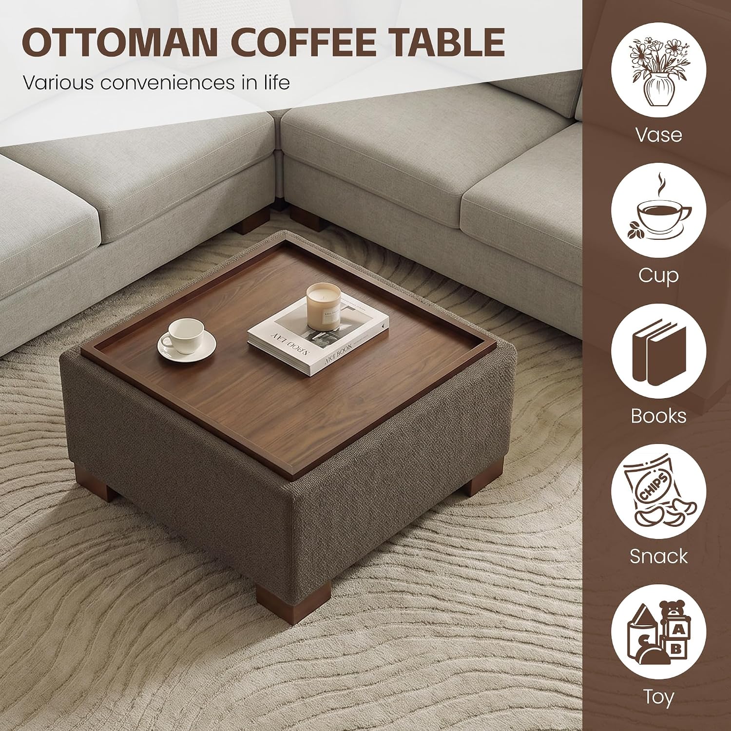 Square Boucle Storage Ottoman Coffee Table with Tray