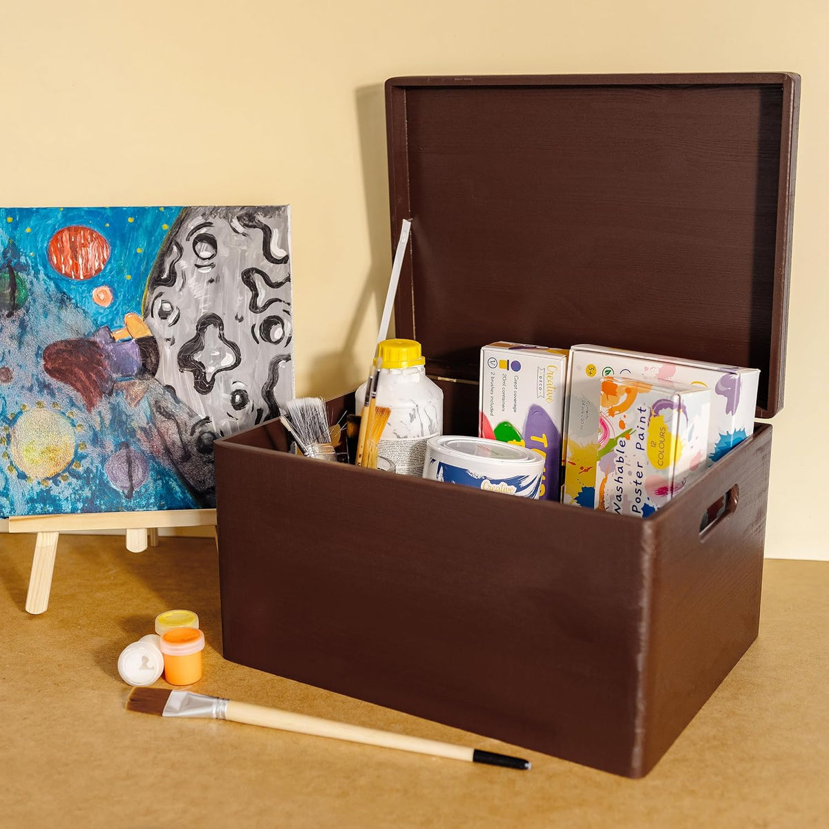 Large Wooden Storage Box With Hinged Lid