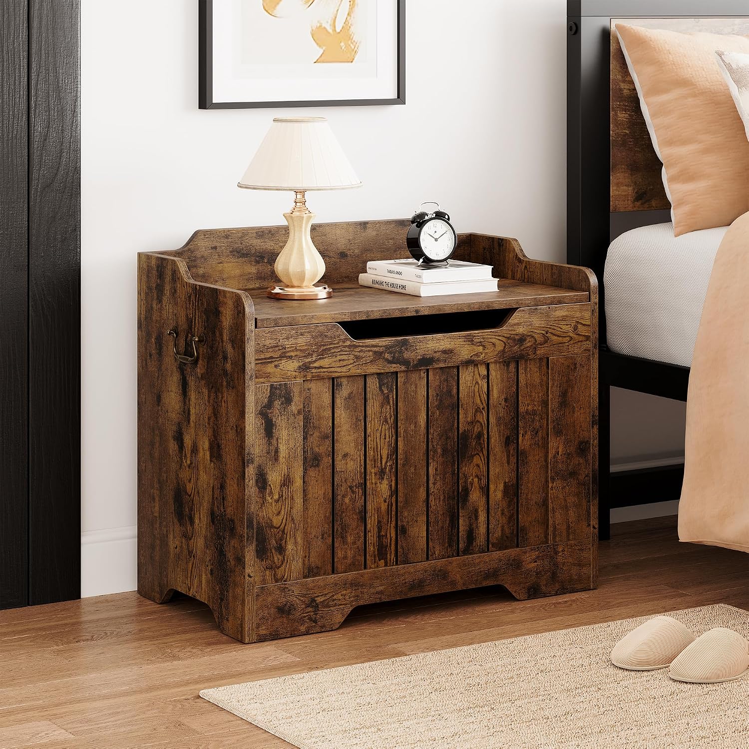 Rustic Wooden Safety‑Hinge Storage Bench Chest
