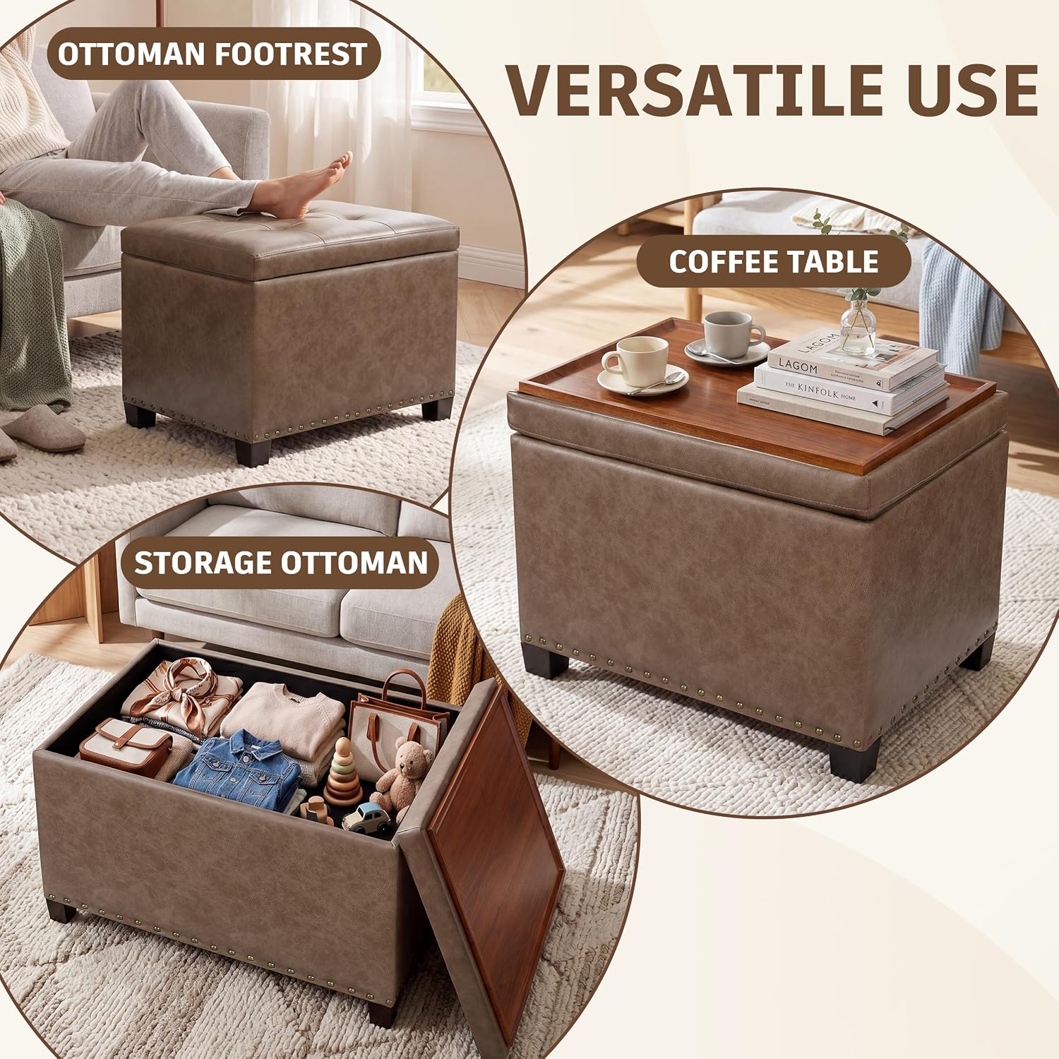 Tufted Faux‑Leather Storage Ottoman Coffee Table