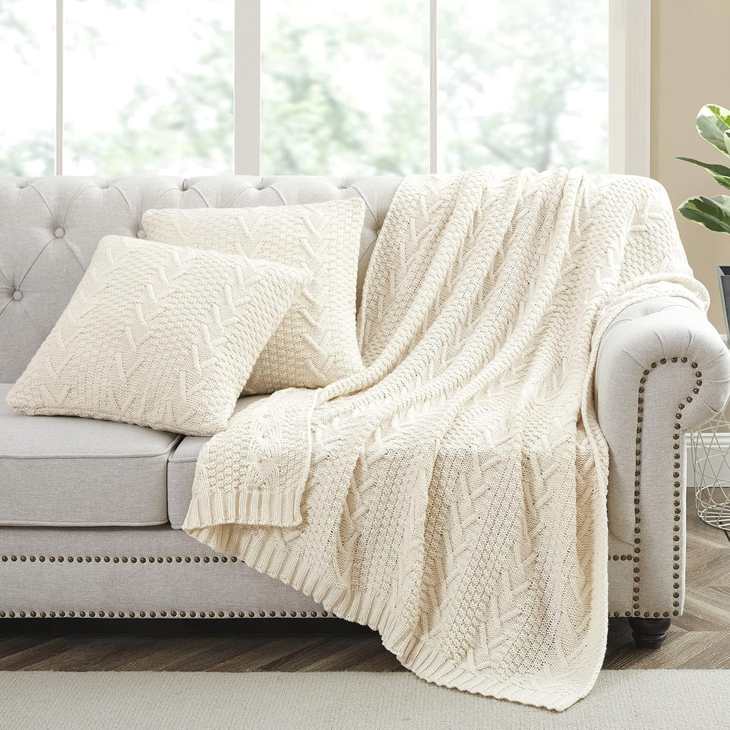 Cream Knitted Throw Blanket Pillow Cover Set