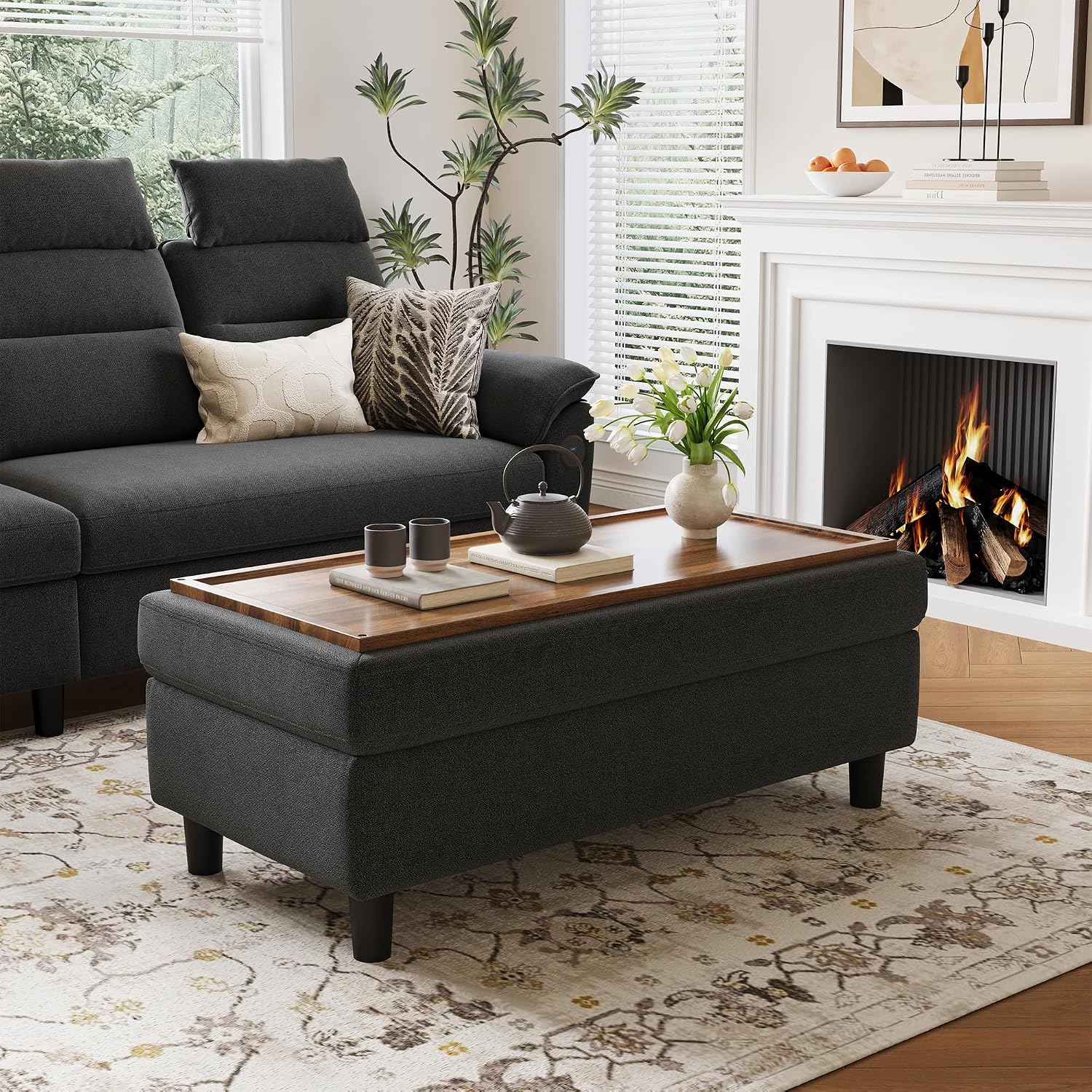 Linen Wide Storage Ottoman Bench Foot Stool
