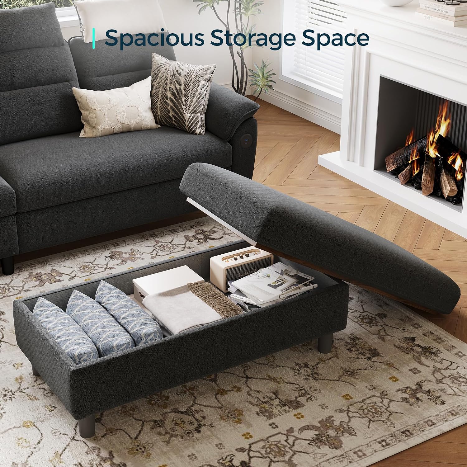 Linen Wide Storage Ottoman Bench Foot Stool
