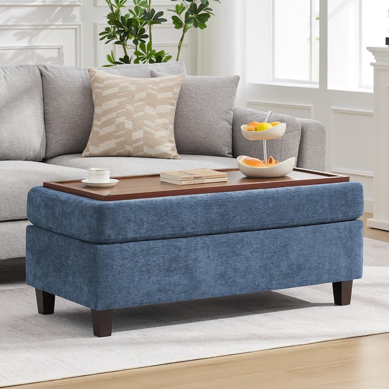 Large Chenille Storage Ottoman Bench Coffee Table